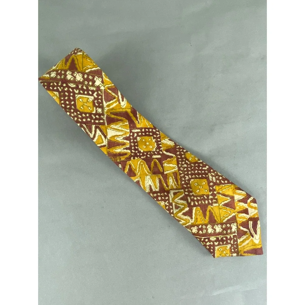 HanFabs Mens Silk Tie Batik Geometric Yellow Brown Rust Tribal Artsy Tribal 56x4